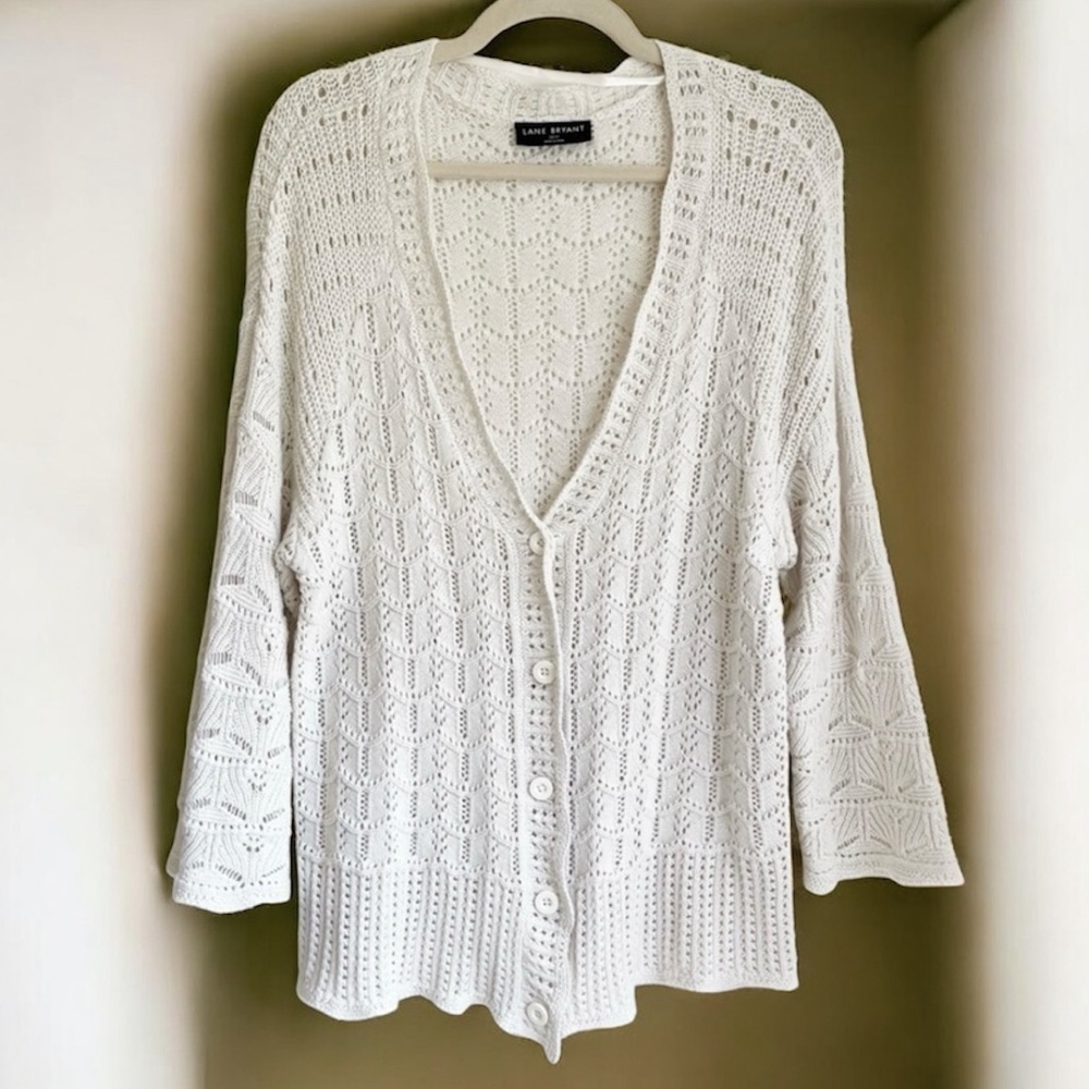 Lane Bryant cottagecore coastal beachy cardigan open knit crochet button 10/12